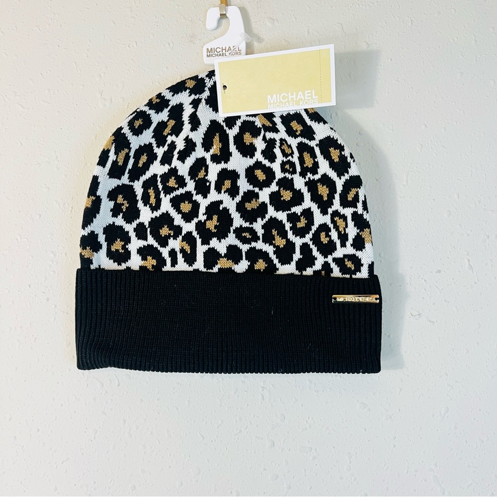 Michael Kors Leopard Print Knit Women’s Black Tan Beanie Hat OS NWT